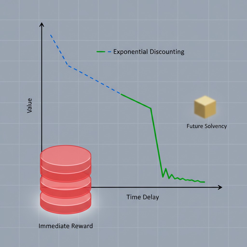 A professional academic chart comparing Hyperbolic Discounting decay and exponential financial planning in 2026 credit risk models