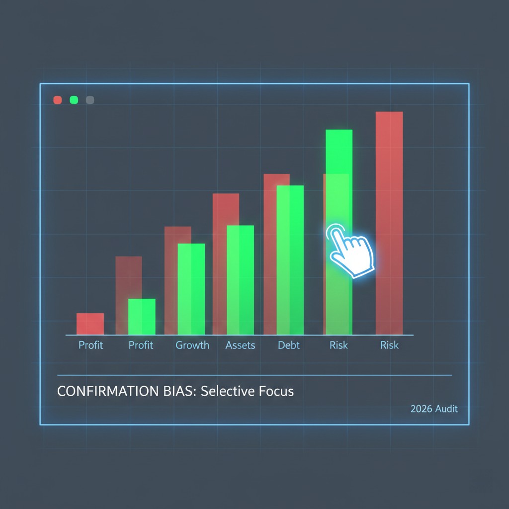 Diagram illustrating Confirmation Bias and selective financial monitoring within 2026 credit risk audit frameworks