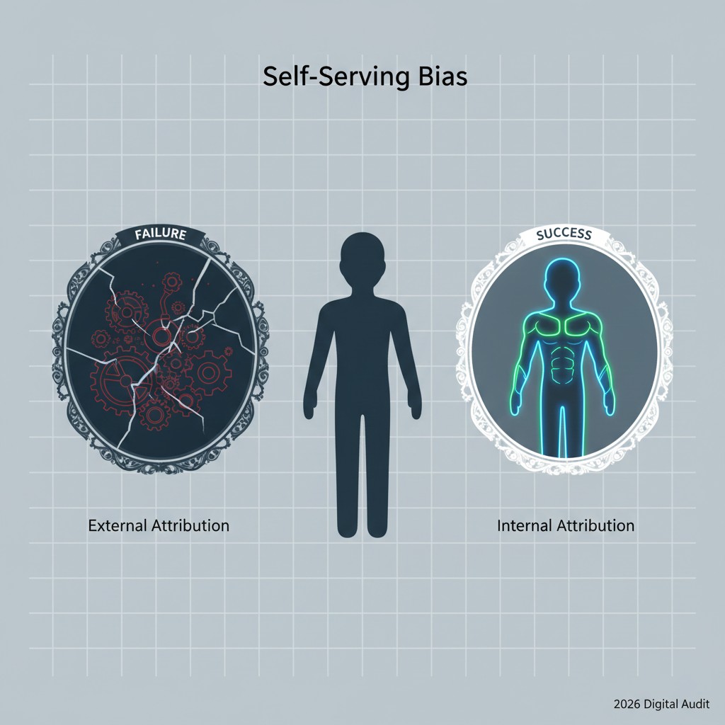 Diagram illustrating Self-Serving Bias and the externalization of blame in 2026 credit risk audit frameworks.