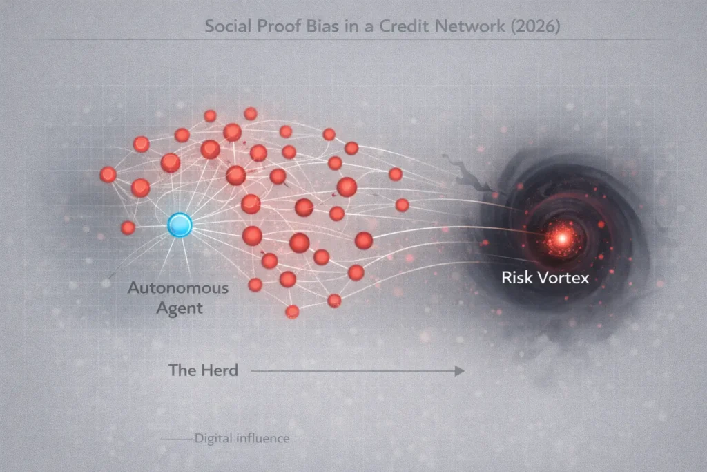 Diagram illustrating Social Proof Bias and the detection of collective risk clusters in 2026 credit risk audits.