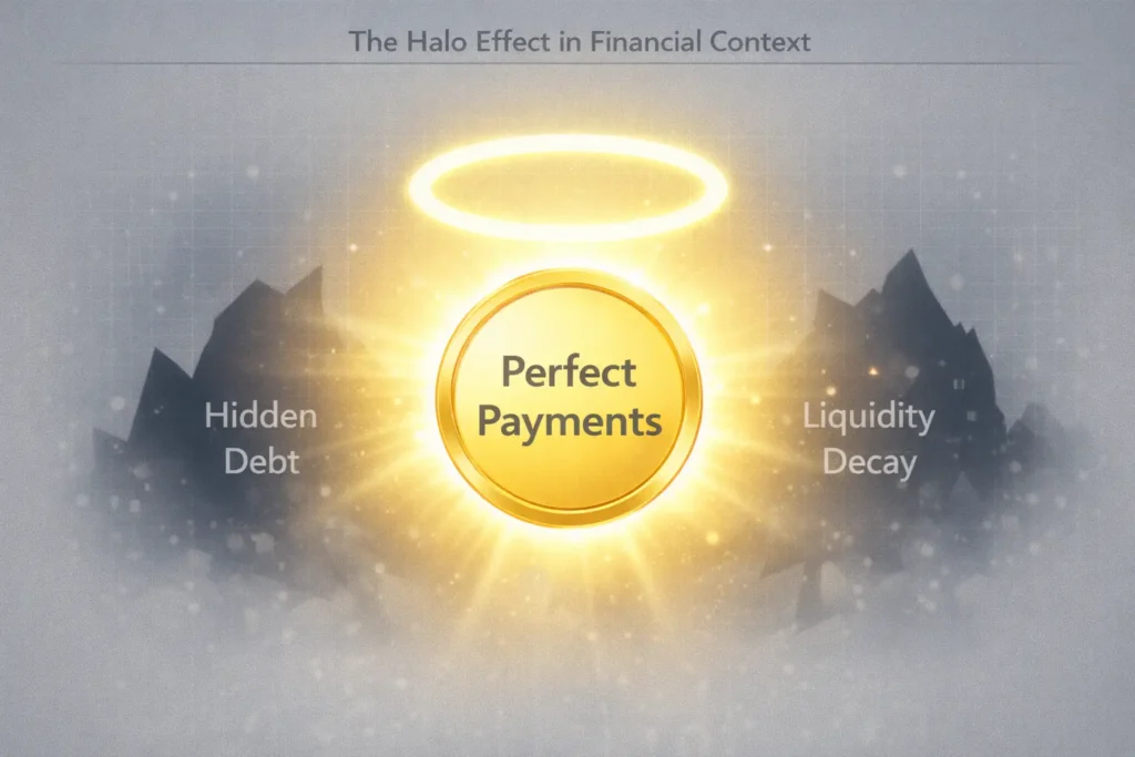 Diagram illustrating the Halo Effect and the risk of misjudging profile safety via aesthetic financial metrics in 2026