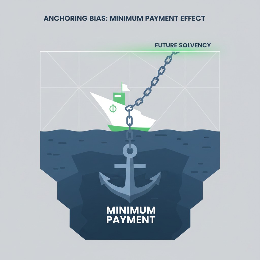 Infographic illustrating Anchoring Bias and the behavioral impact of minimum payment baselines on 2026 credit auditing.