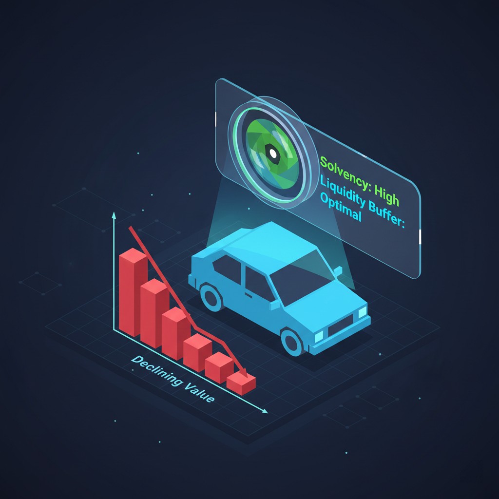 Abstract illustration of automated auto finance audits analyzing vehicle depreciation and solvency markers in a 2026 credit system.