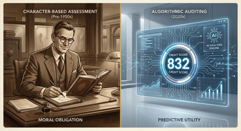 he historical evolution of financial trust from 1950s manual ledgers to modern digital credit auditing.