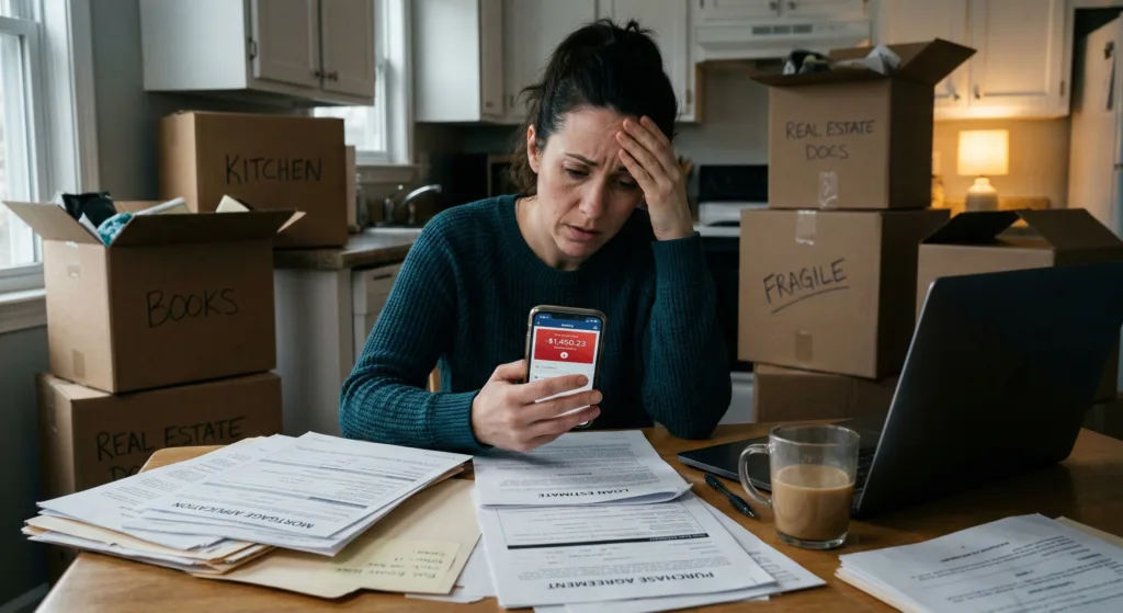 A stressed homebuyer checking a negative bank balance on their phone surrounded by mortgage paperwork.